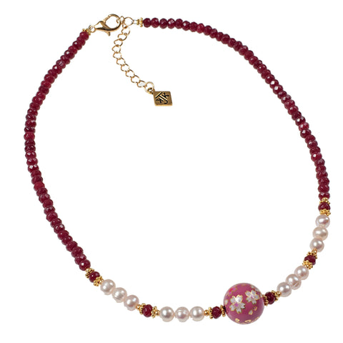 Cherry Blossom Tensha, Cultured Pearl and Ruby Jade Necklace