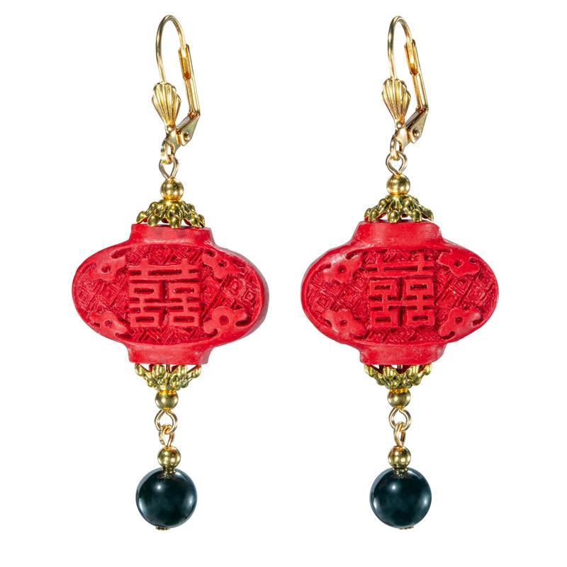 EARRINGS - CINNABAR LANTERN WITH ONYX BEAD,CH-E89RED