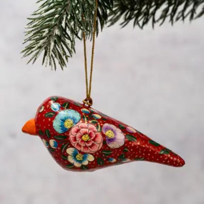 ORNAMENT - RED FLORAL HAND-PAINTED BIRD,REDINDIANBIRD