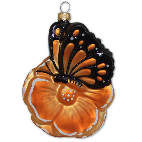 California Poppy with Monarch Butterfly Glass Ornament