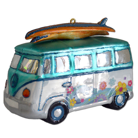 California Hippie Surf Van Glass Ornament